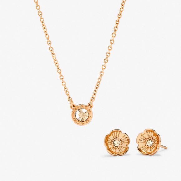 COACH Open Circle Necklace &Tea Rose Stud Earrings - Picture 2 of 6